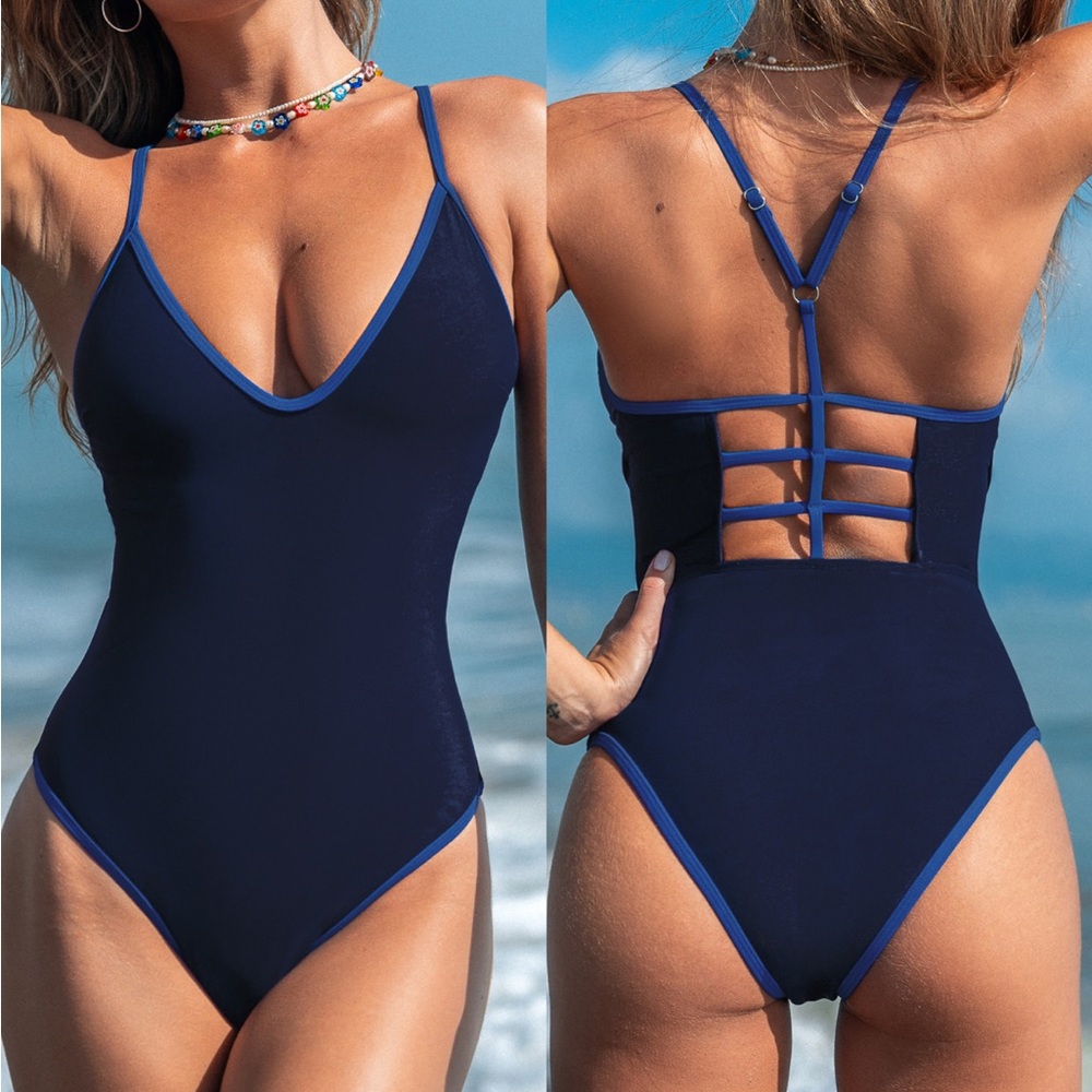 Cupshe Navy Blue Deep V One-Piece Swimsuit